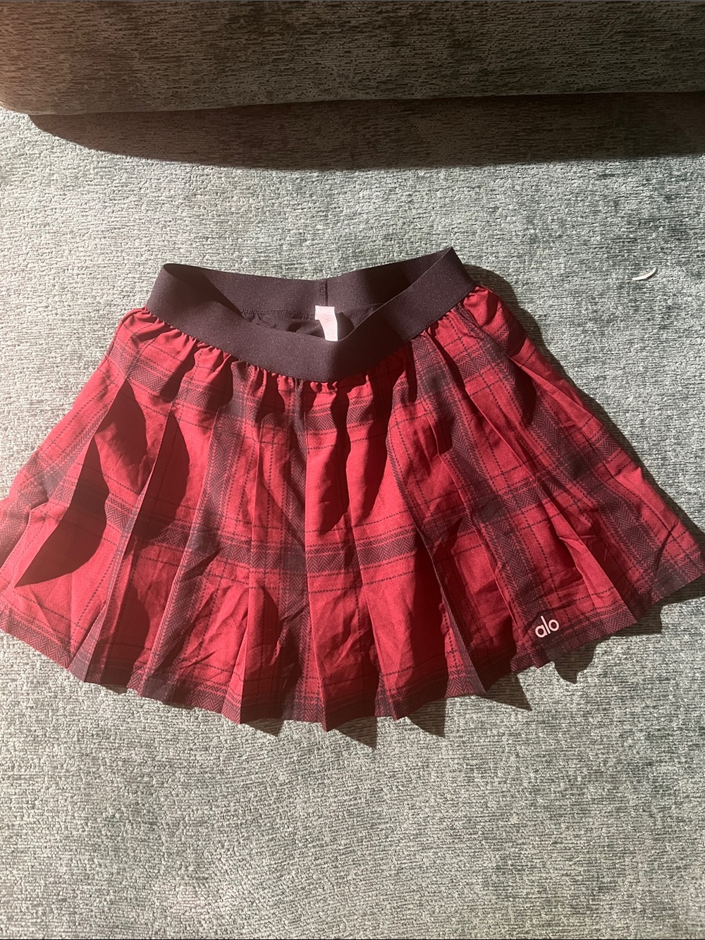 ALO Yoga Red Plaid Circle Skater Skirt with Black Waistband
